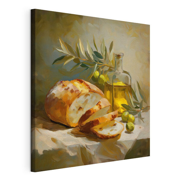 Schilderij van een stilleven met een brood en olijven Canvas Schilderijen Schilderij van een stilleven met een brood en olijven