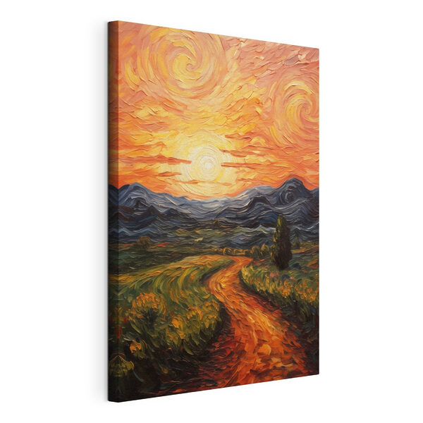 Canvas Schilderijen Schilderij van een weg door een veld met bergen en de zon (Artikelnummer: s49478) Canvas Schilderijen Canvas Schilderijen Schilderij van een weg door een veld met bergen en de zon (Artikelnummer: s49478)