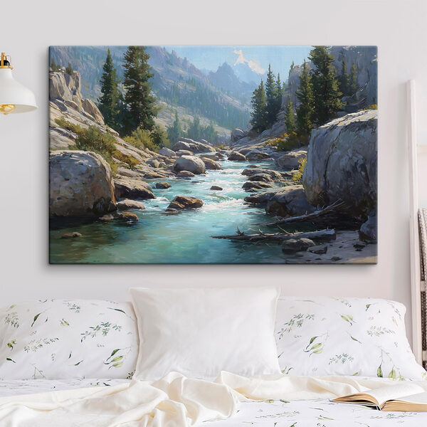 Een rivier die door een rotsachtige berg stroomt Canvas Schilderijen Een rivier die door een rotsachtige berg stroomt