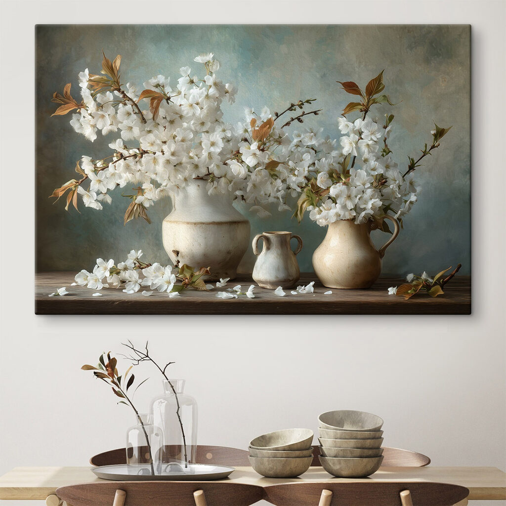 Group of white flowers in vases Group of white flowers in vases