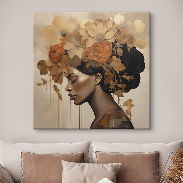 Schilderij van een vrouw met bloemen in haar haar Canvas Schilderijen Schilderij van een vrouw met bloemen in haar haar