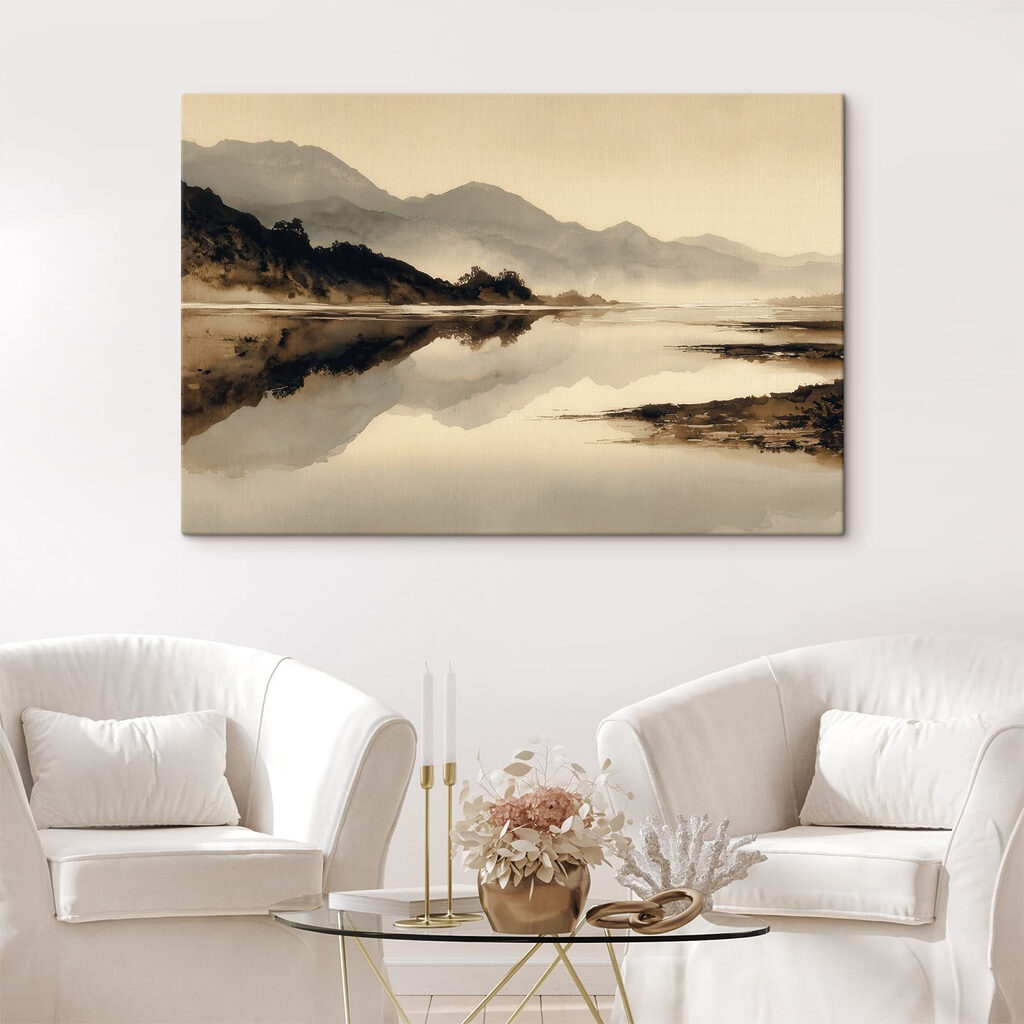Watercolor painting of a lake with mountains in the background