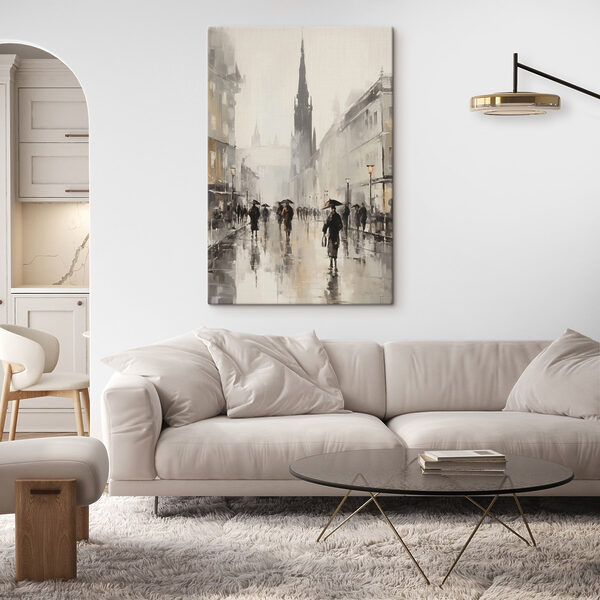 Schilderij van mensen die met paraplu’s over straat lopen Canvas Schilderijen Schilderij van mensen die met paraplu’s over straat lopen