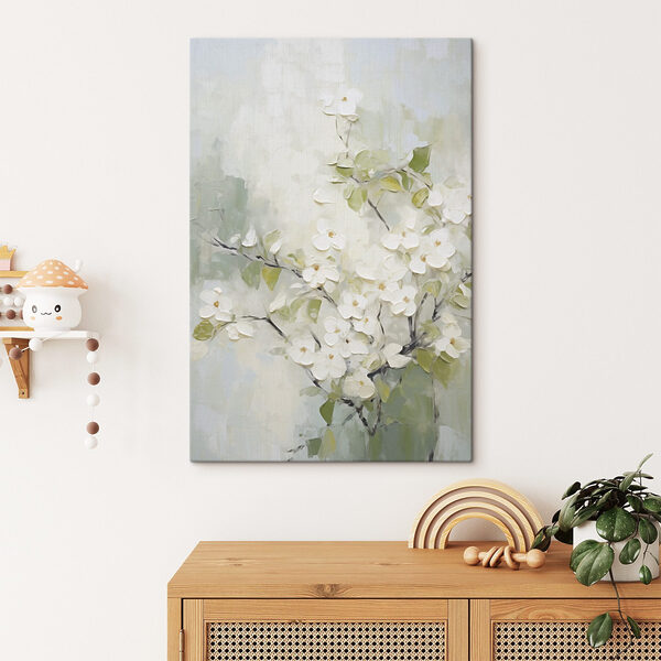 Schilderij van witte bloemen op een tak Canvas Schilderijen Schilderij van witte bloemen op een tak
