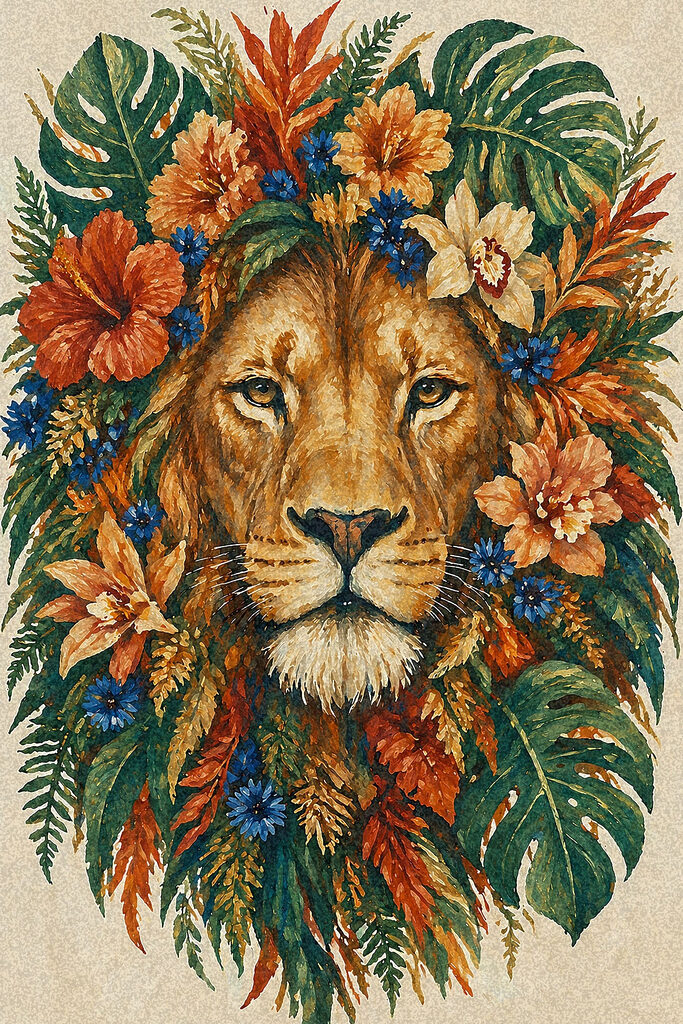 Painting of a lion with flowers Painting of a lion with flowers