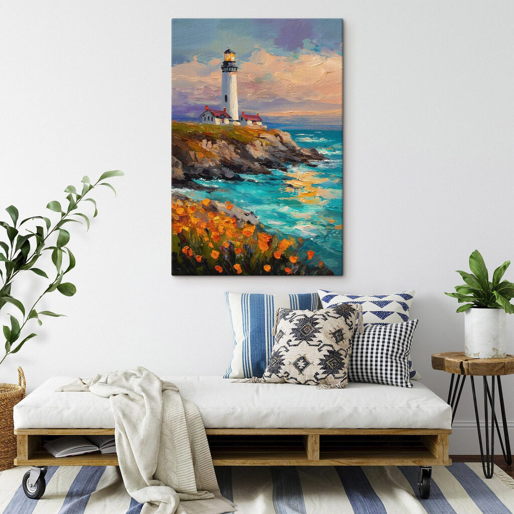 Painting of a lighthouse on a cliff by the ocean Painting of a lighthouse on a cliff by the ocean