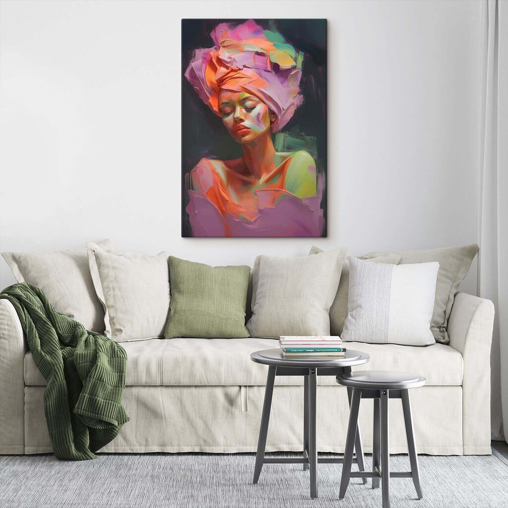 Woman with colorful fabric on her head
