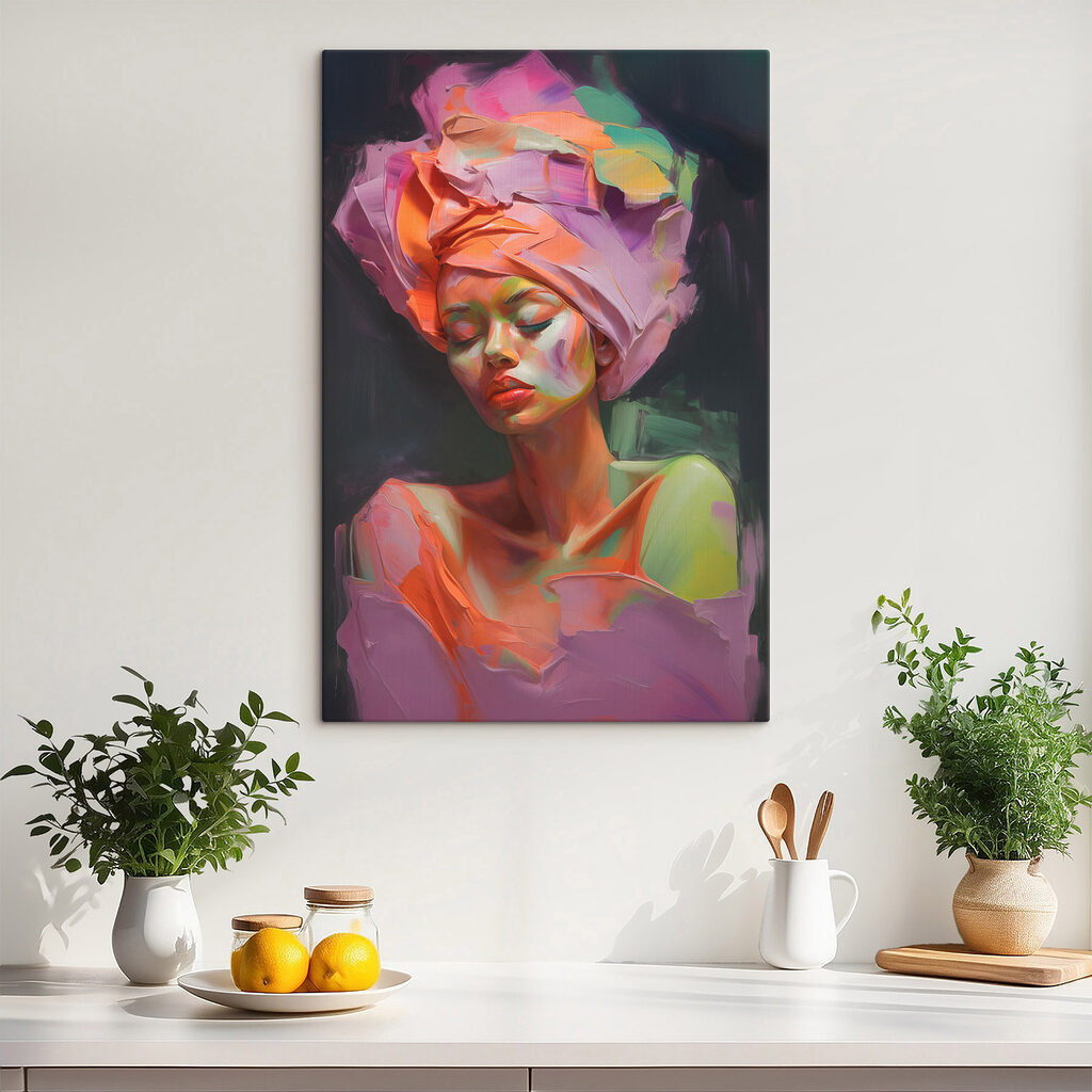 Woman with colorful fabric on her head