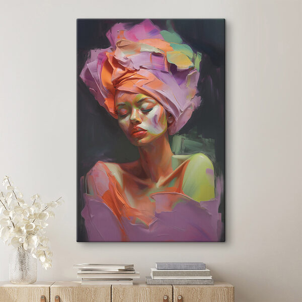 Woman with colorful fabric on her head
