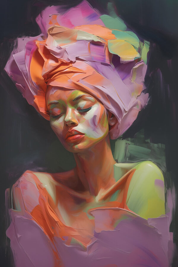 Woman with colorful fabric on her head