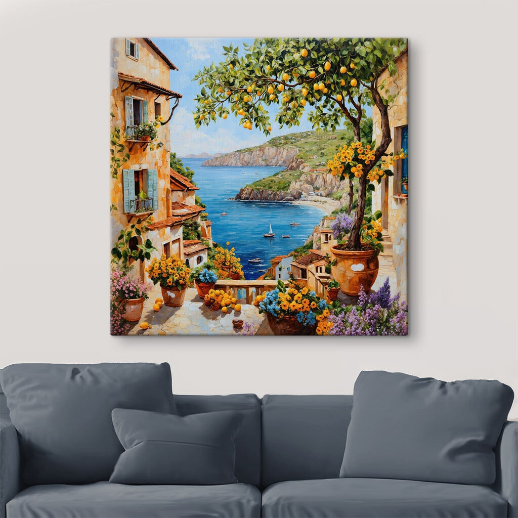 Painting of a town with a body of water and a bay Painting of a town with a body of water and a bay