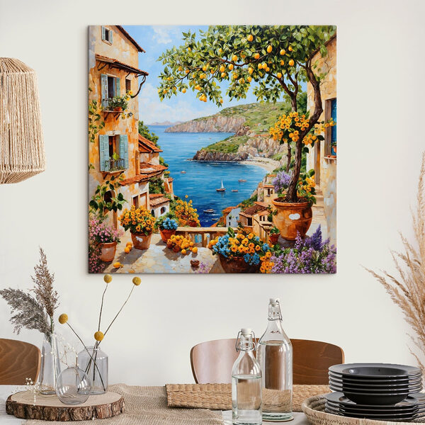 Schilderij van een stad met een waterpartij en een baai Canvas Schilderijen Schilderij van een stad met een waterpartij en een baai