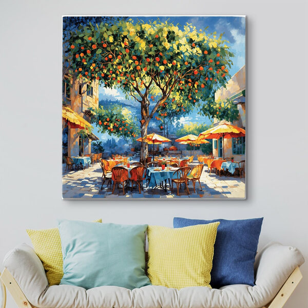 Schilderij van een sinaasappelboom met tafels en stoelen onder een sinaasappelboom Canvas Schilderijen Schilderij van een sinaasappelboom met tafels en stoelen onder een sinaasappelboom