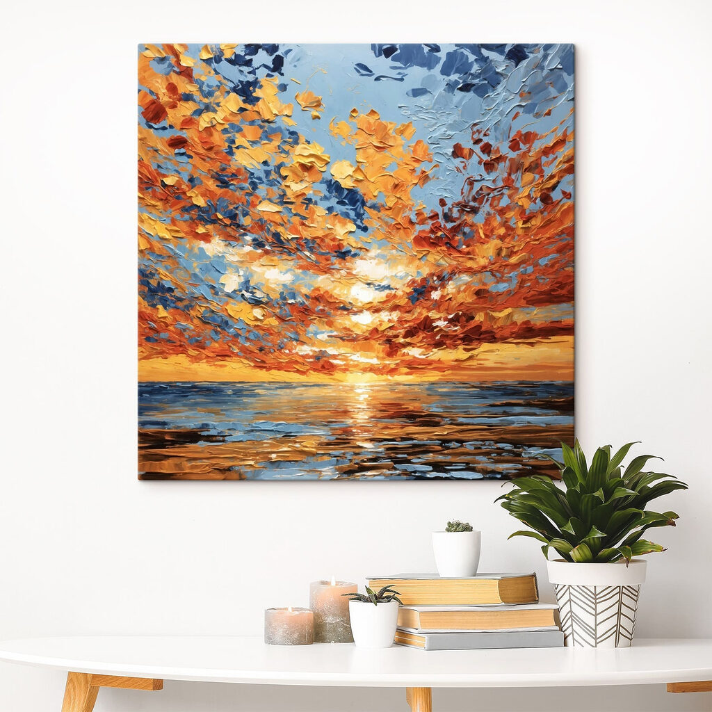 Painting of a sunset over water Painting of a sunset over water