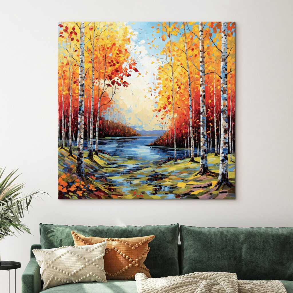 Painting of a river with trees and leaves Painting of a river with trees and leaves