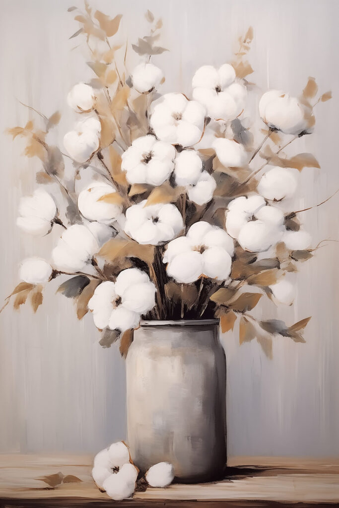 Painting of cotton flowers in a vase Painting of cotton flowers in a vase