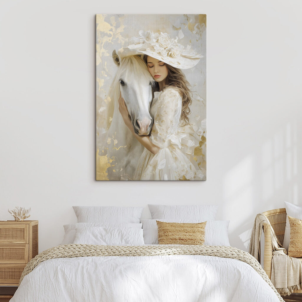 Woman in a white dress and hat hugging a horse