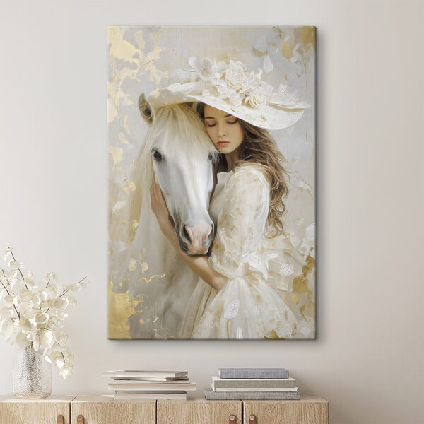 Vrouw in een witte jurk en hoed die een paard omhelst Canvas Schilderijen Vrouw in een witte jurk en hoed die een paard omhelst