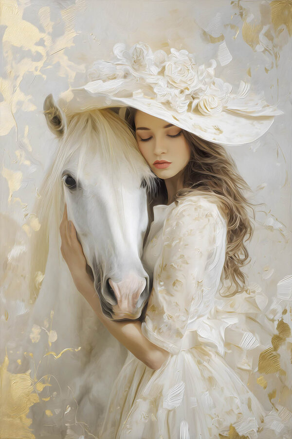Woman in a white dress and hat hugging a horse