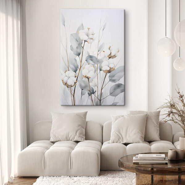 Painting of cotton flowers and leaves