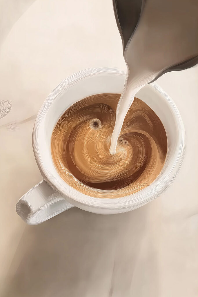 Cup of coffee with milk pouring into it Cup of coffee with milk pouring into it