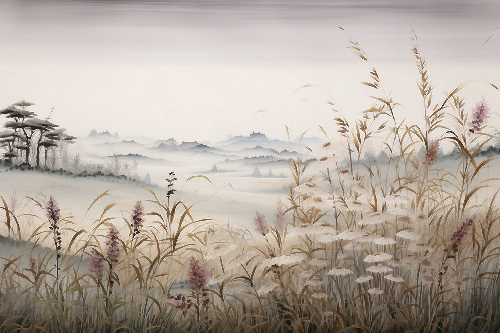 Painting of a landscape with grass and flowers Painting of a landscape with grass and flowers