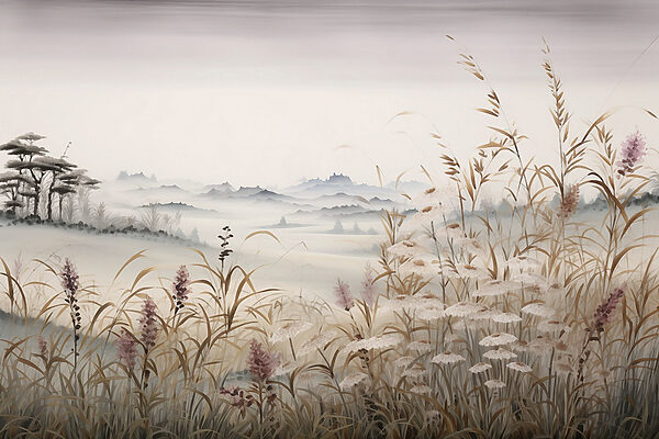 Painting of a landscape with grass and flowers Painting of a landscape with grass and flowers