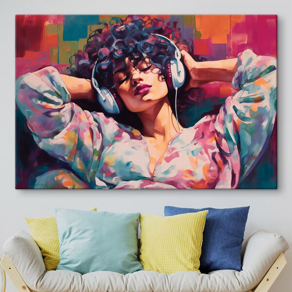 Woman lying down with headphones on her head Woman lying down with headphones on her head