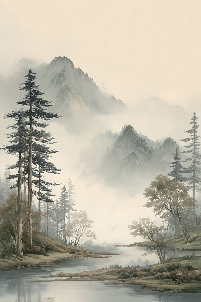 Landscape of a river with trees and mountains Landscape of a river with trees and mountains