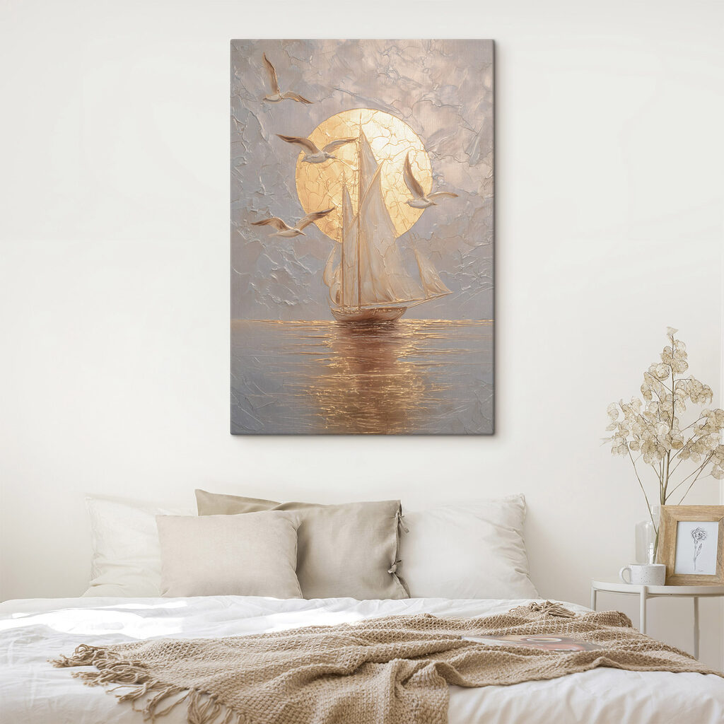 Painting of a sailboat and birds Painting of a sailboat and birds