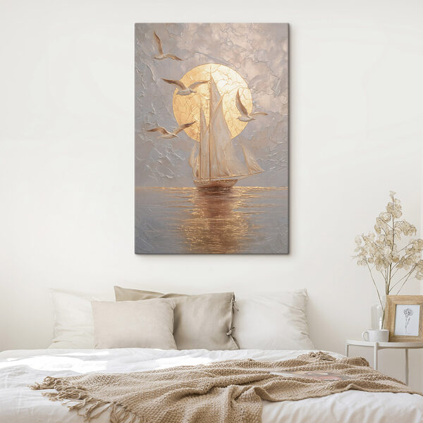 Schilderij van een zeilboot en vogels Canvas Schilderijen Schilderij van een zeilboot en vogels