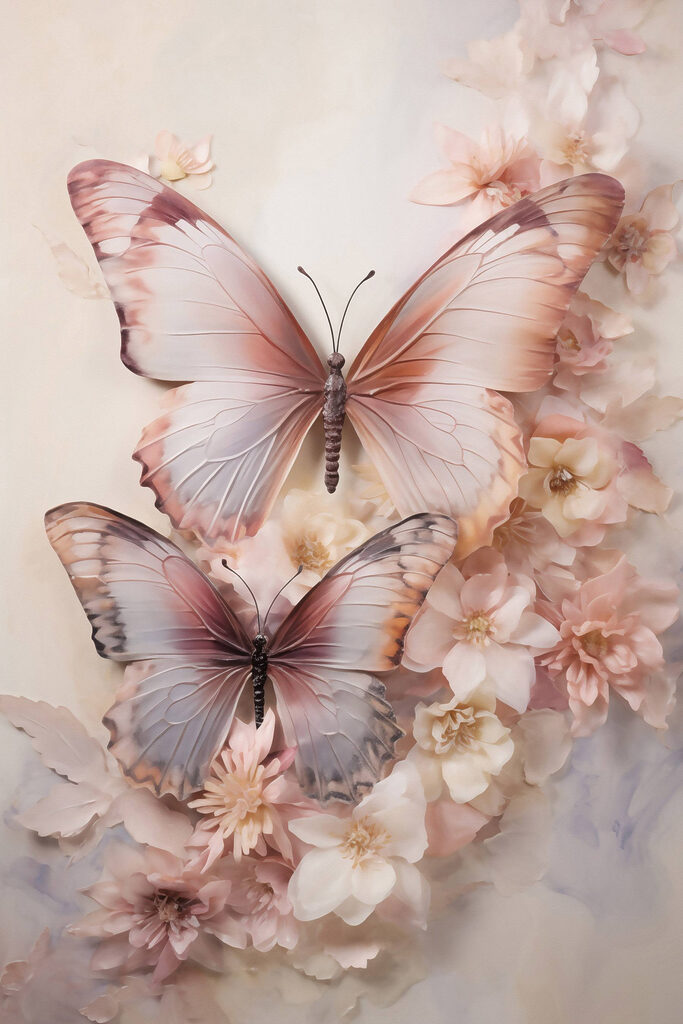 Butterflies on a wall with flowers