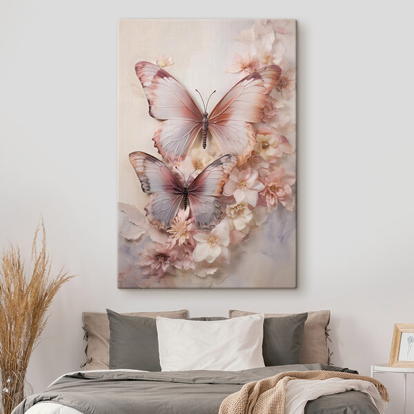 Butterflies on a wall with flowers