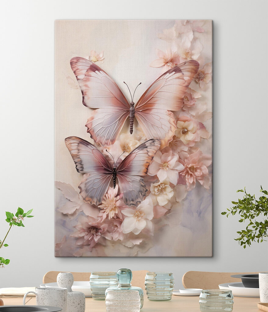 Butterflies on a wall with flowers