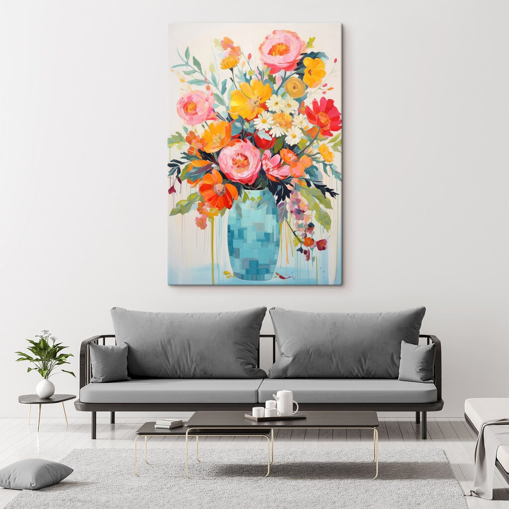 Painting of flowers in a blue vase