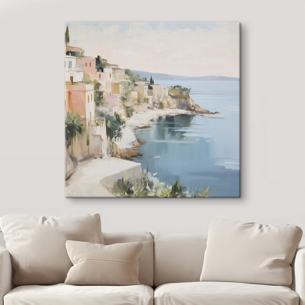 Painting of a city by the water