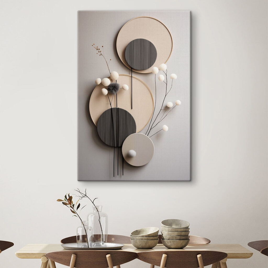 Wall decoration with round circles and white flowers