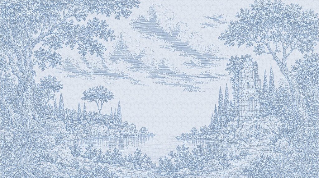 Blue and white drawing of a lake and trees