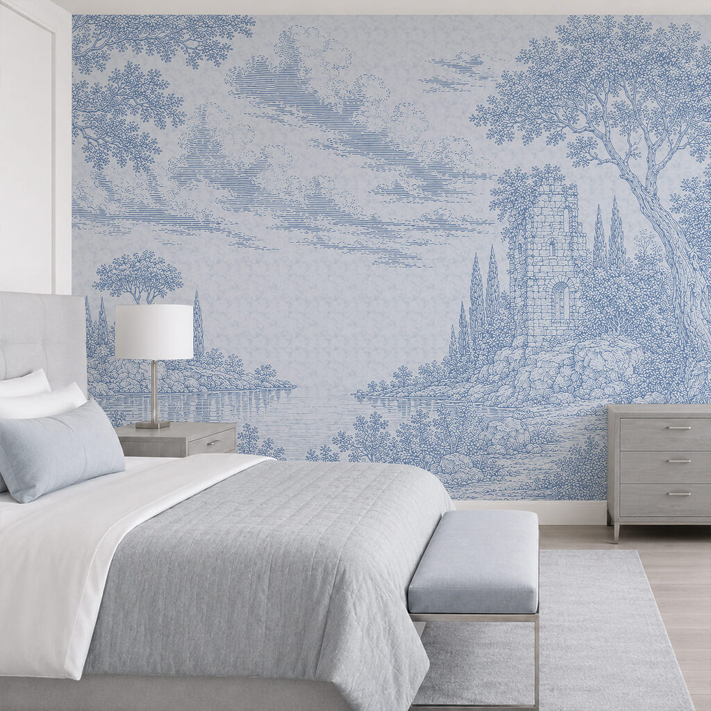 Blauw-witte tekening van een meer en bomen