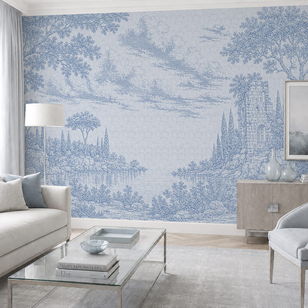 Blauw-witte tekening van een meer en bomen