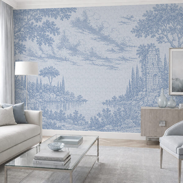 Blauw-witte tekening van een meer en bomen