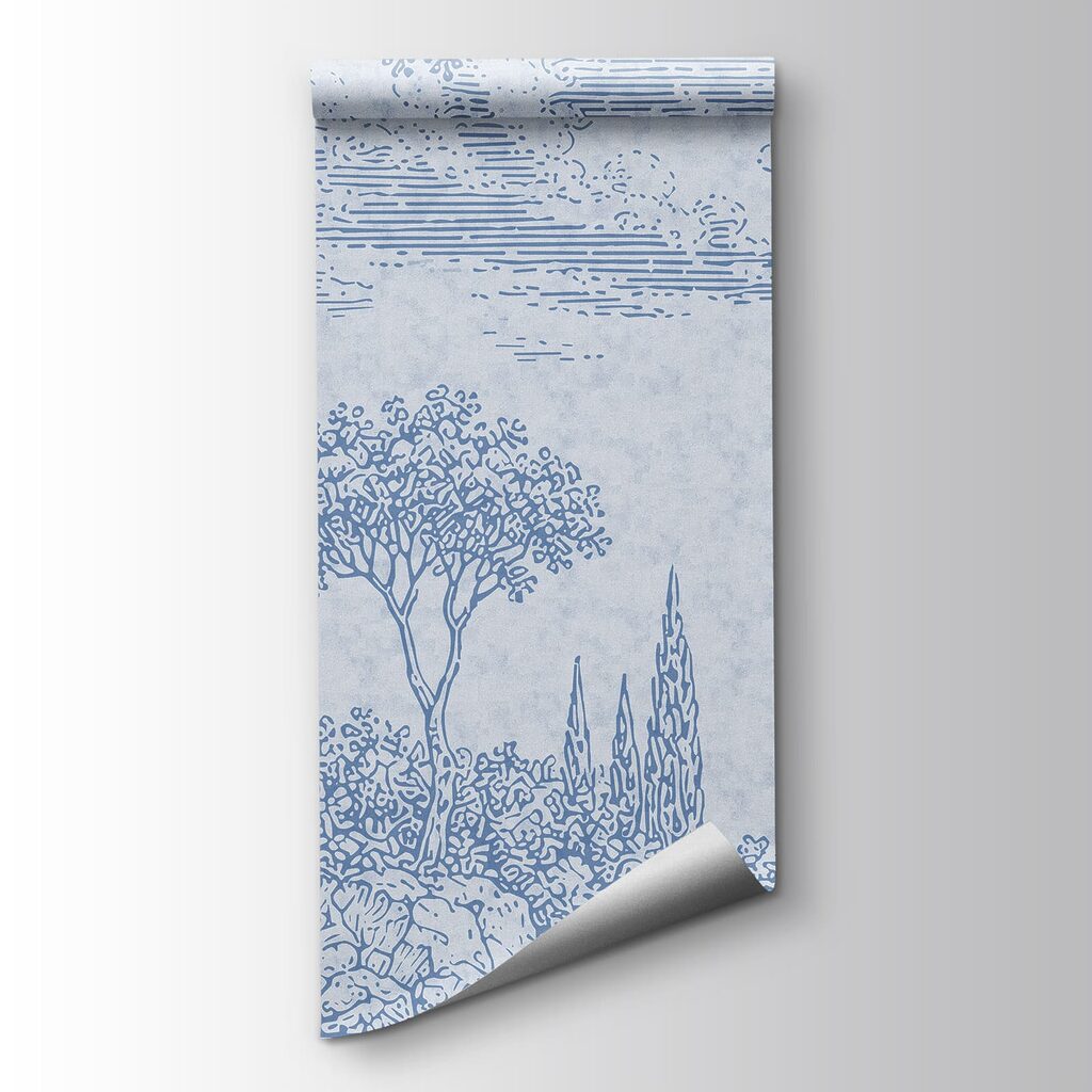 Blue and white drawing of a lake and trees