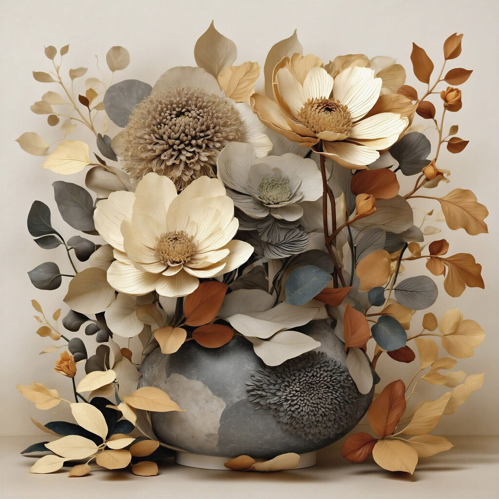 Vase with flowers and leaves Vase with flowers and leaves