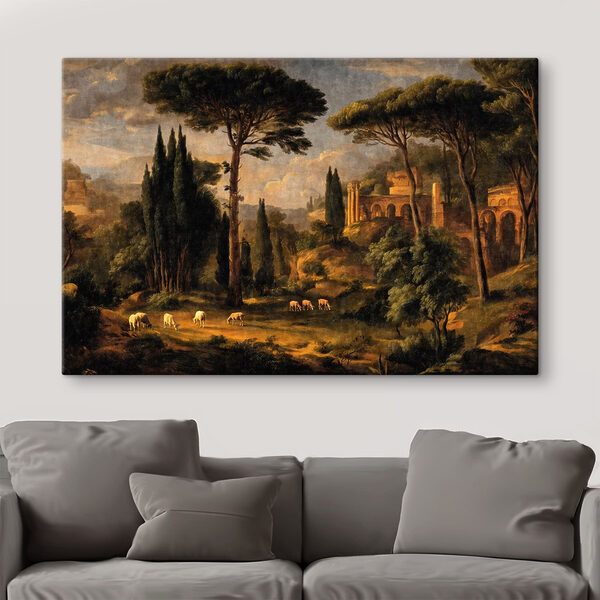 Painting of a landscape with trees and a building