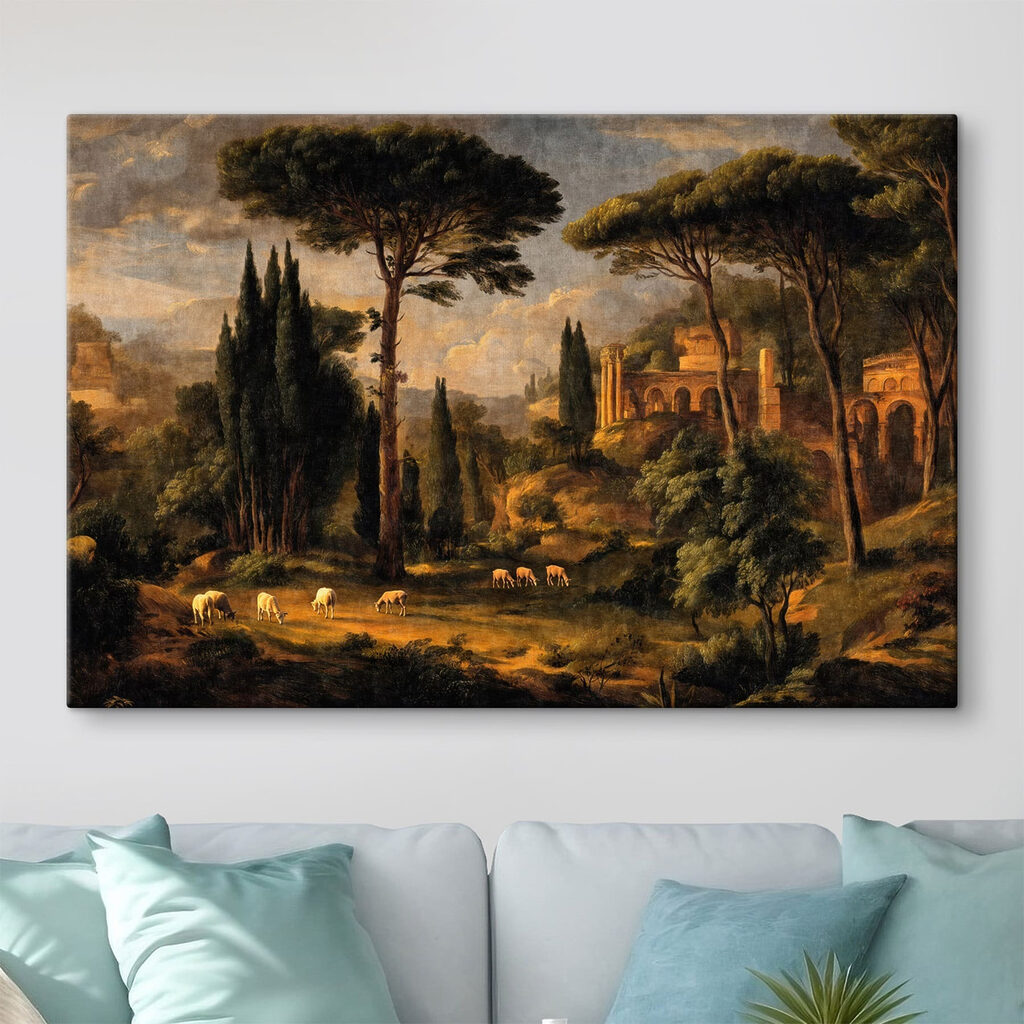 Painting of a landscape with trees and a building
