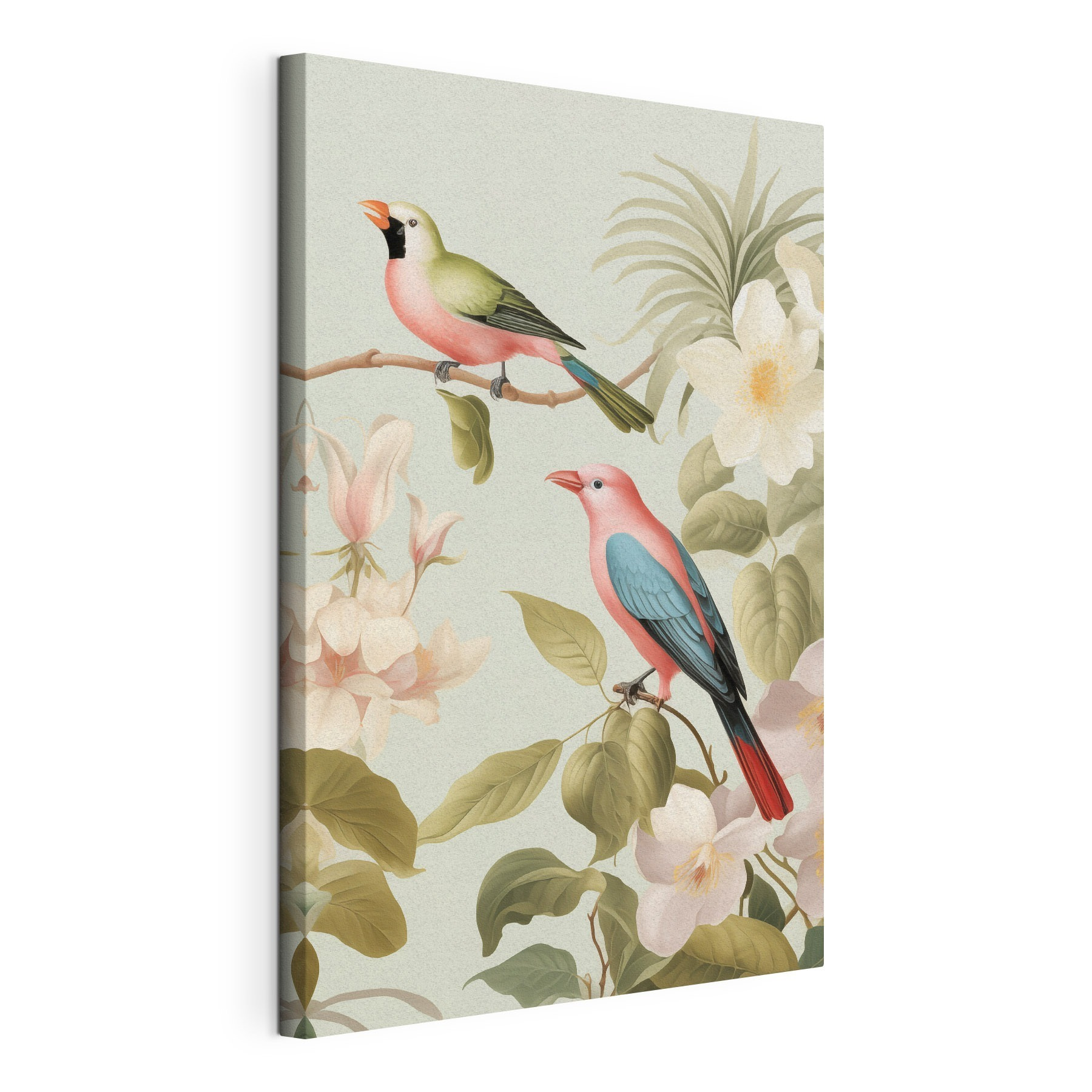 Couple of birds on a branch with flowers Couple of birds on a branch with flowers