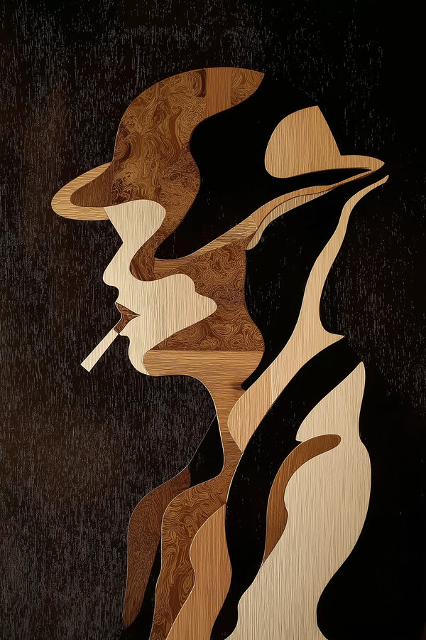 Wood carving of a man smoking a cigarette