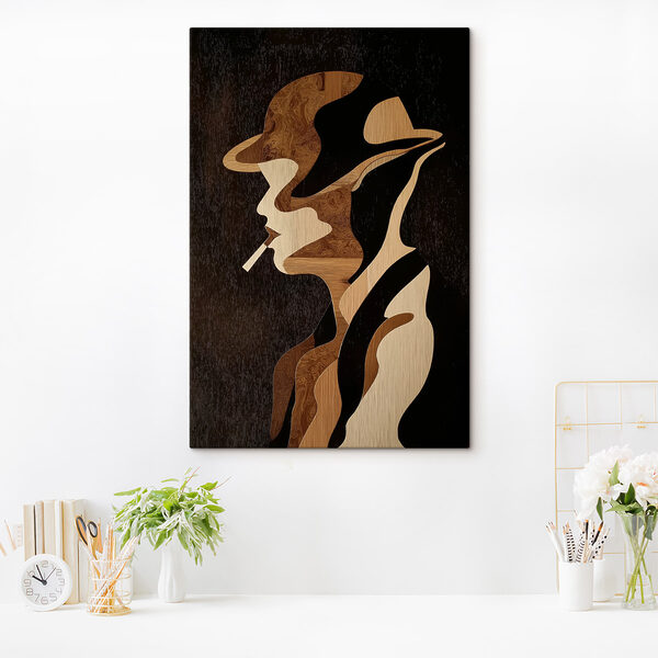 Wood carving of a man smoking a cigarette