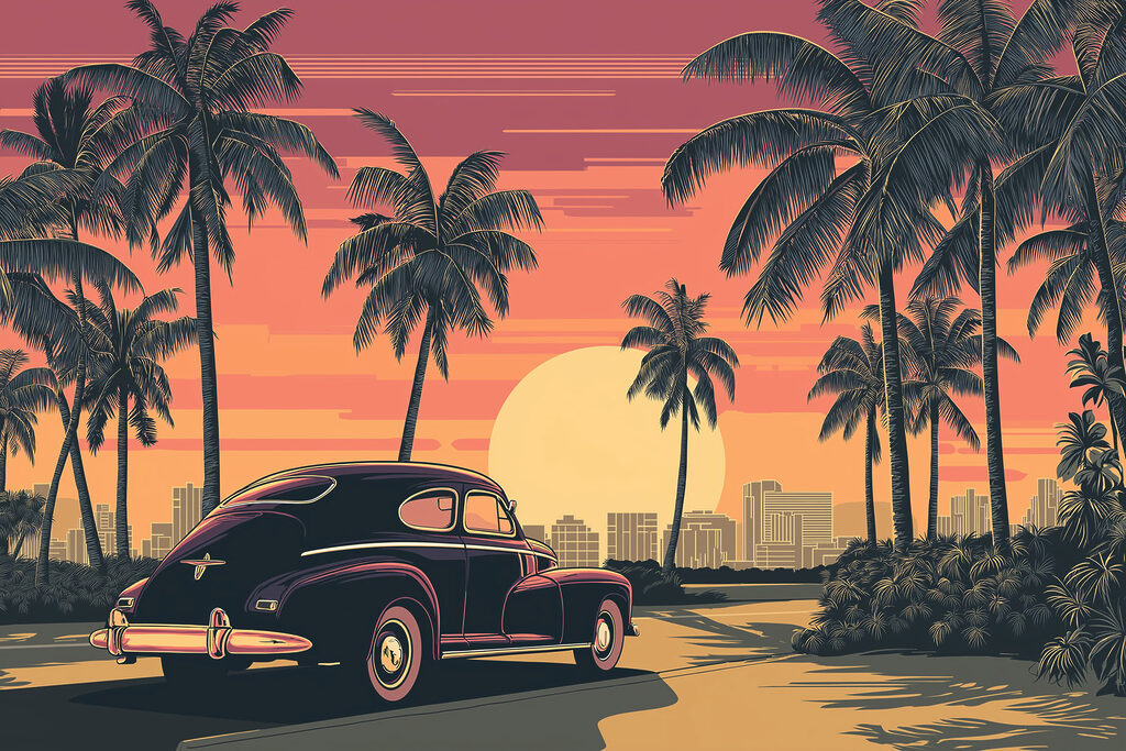 Car parked on a road with palm trees and a city in the background