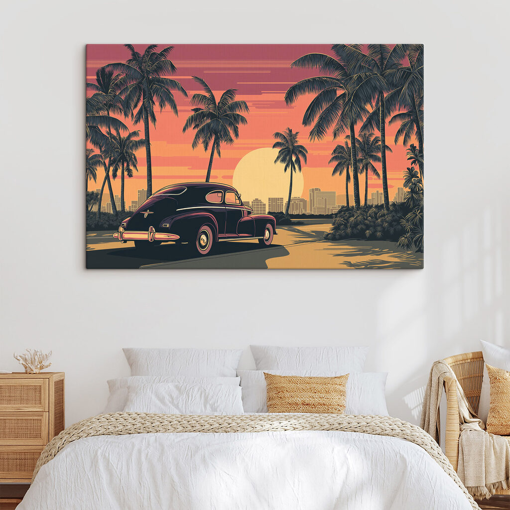 Car parked on a road with palm trees and a city in the background